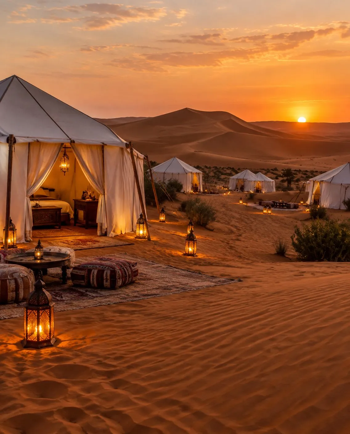 Luxury camp among the Sahara dunes at sunset